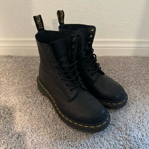 Dr. Martens Black Leather Boots with Yellow Stitching